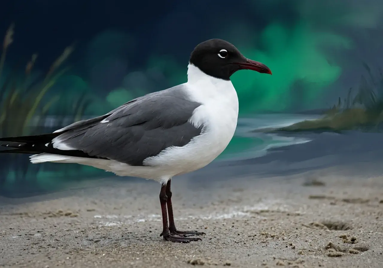 Aztekenmöwe im Prachtkleid mit schwarzer Kapuze und dunkelrotem Schnabel am Strand
